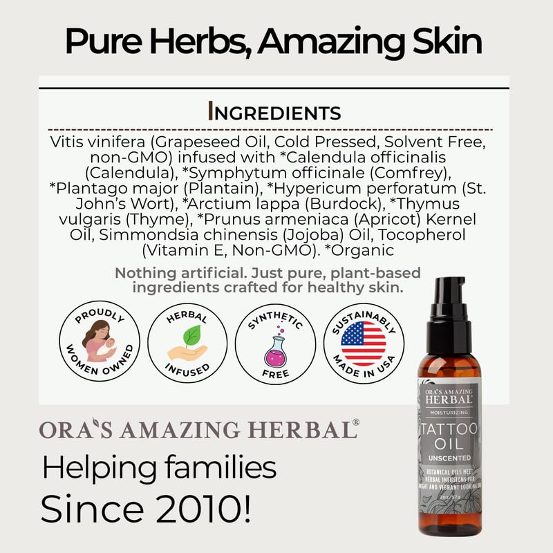Ora's Amazing Herbal Unscented Tattoo Oil – Fragrance-Free Aftercare for Tattoos | 2 oz