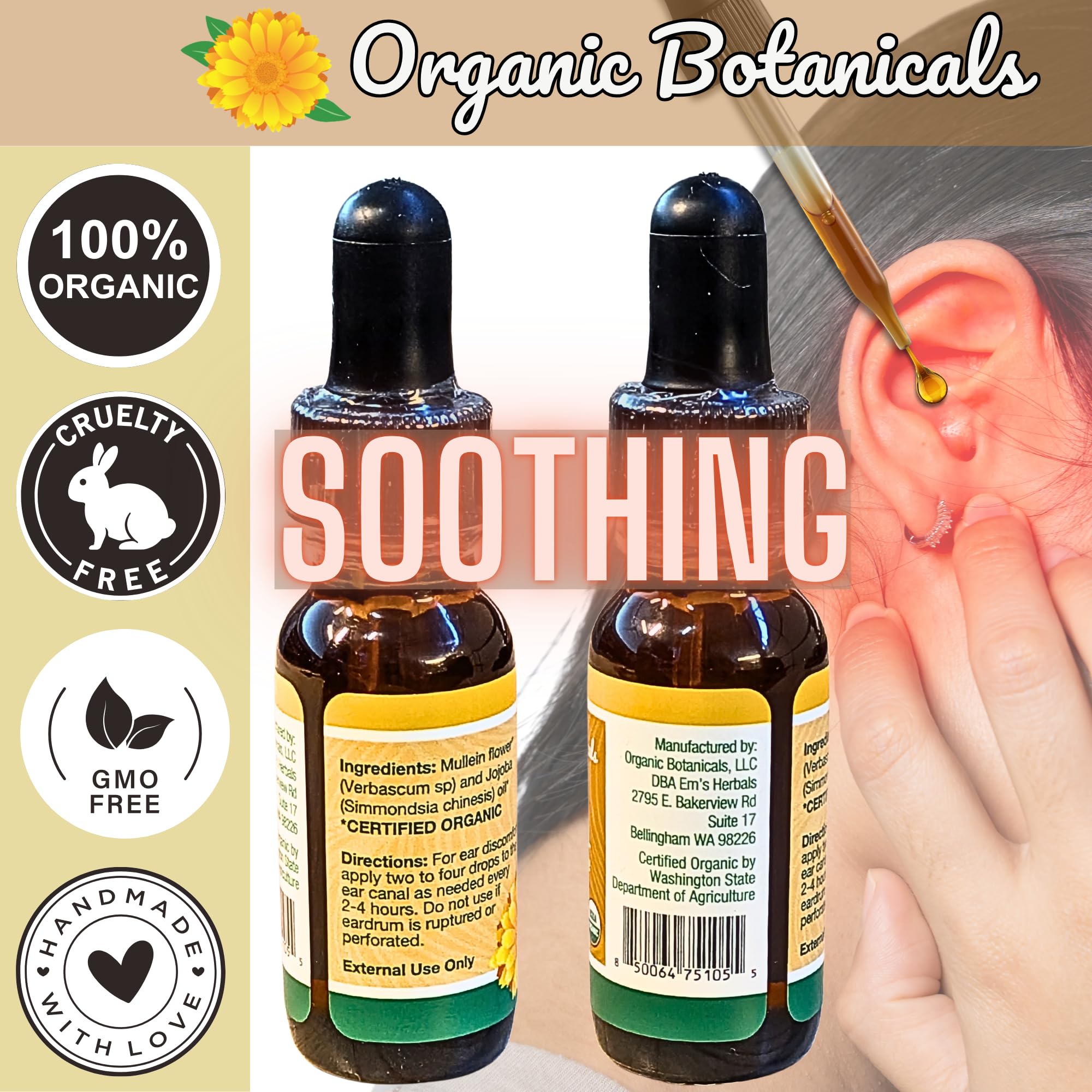 Organic Botanicals Pure Organic Mullein Oil - Ear Drops for Gentle Ear Care (0.5oz)