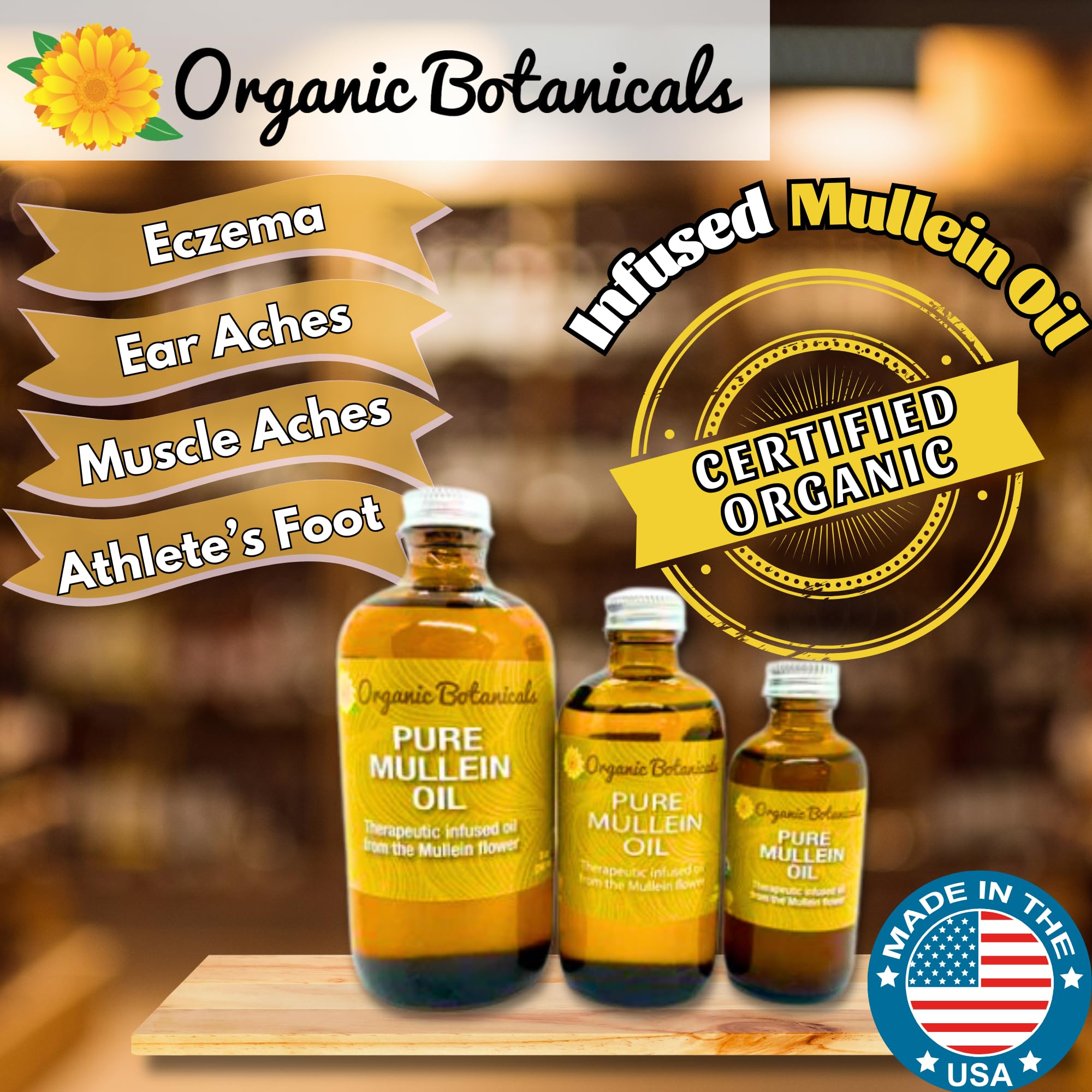 Organic Botanicals Pure Organic Mullein Oil - Ear Drops for Gentle Ear Care (0.5oz)