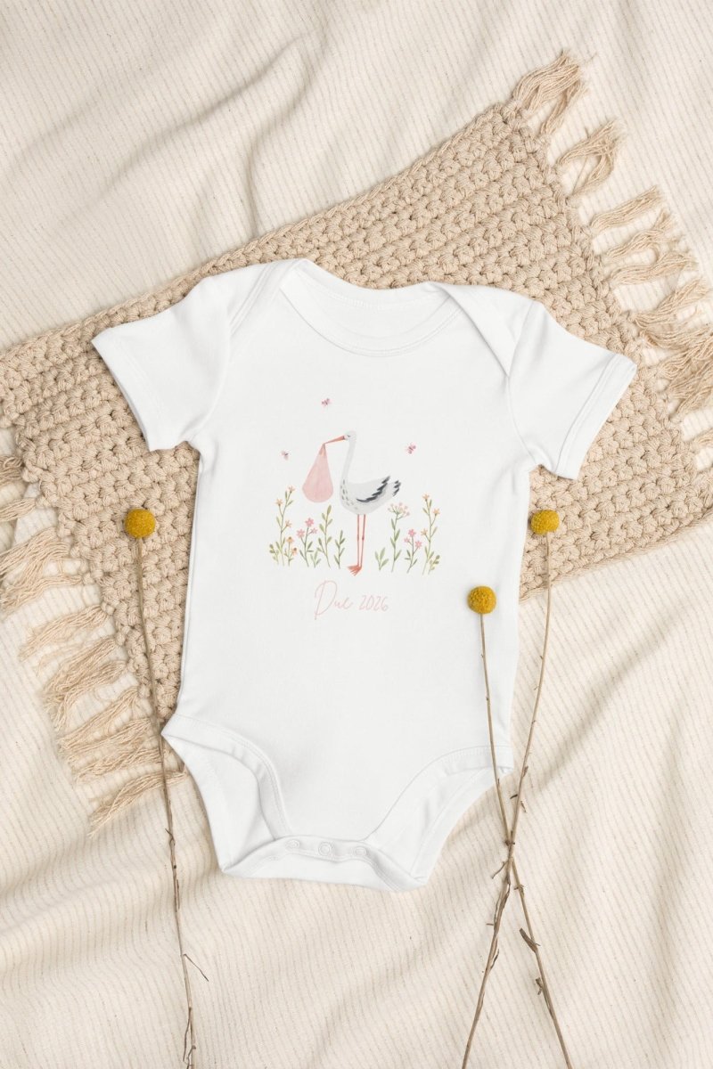 Stork Baby Girl Due Bodysuit White
