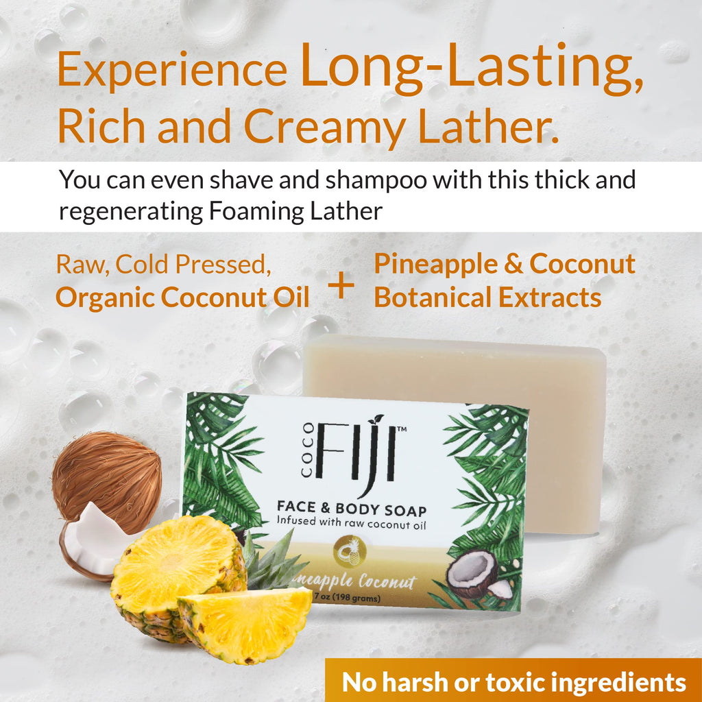 Organic Fiji Coco Fiji Soap Bar – Face & Body Hydration with Organic Coconut Oil & Pineapple Coconut Oil | 7 oz Pack of 3