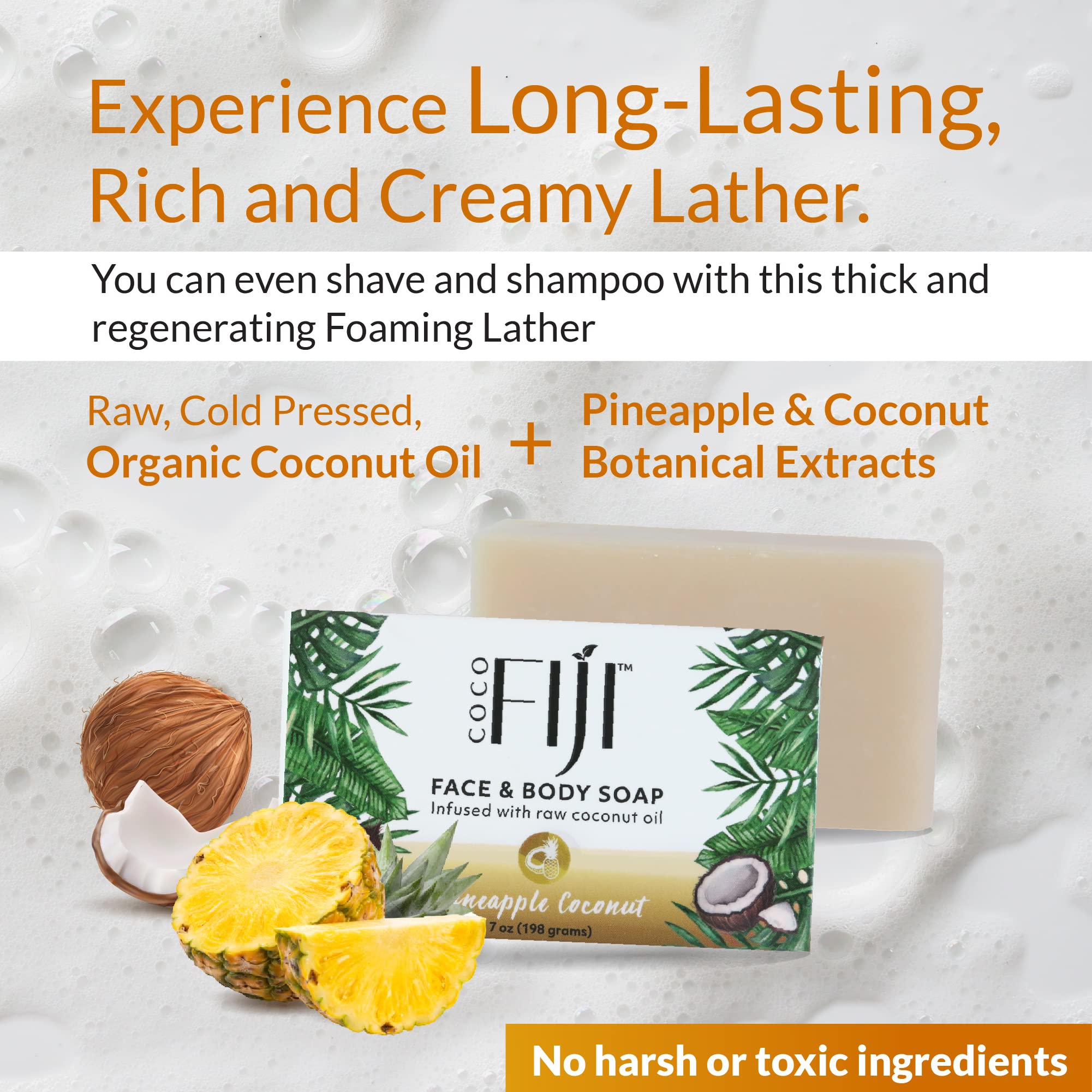 Organic Fiji Coco Fiji Soap Bar – Face & Body Hydration with Organic Coconut Oil & Pineapple Coconut Oil | 7 oz Pack of 3