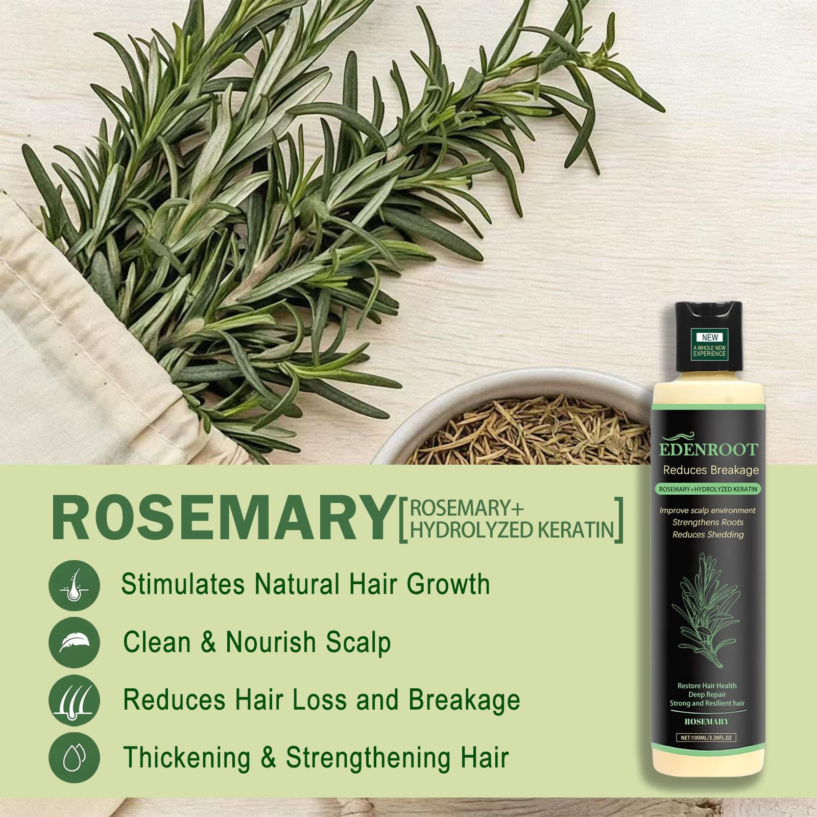 Organic Rosemary Hair Growth Shampoo with Hydrolyzed Keratin – Sulfate-Free Volumizing Shampoo for Men & Women (3-Bottle Pack)