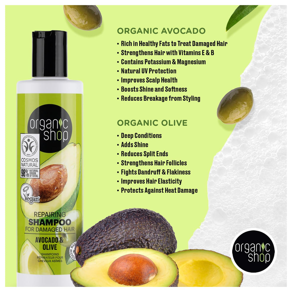 Organic Shop Avocado Repairing Shampoo & Conditioner – Hydrate Dry Hair, Vegan, Paraben & Sulfate Free, COSMOS Natural (Pack of 2)
