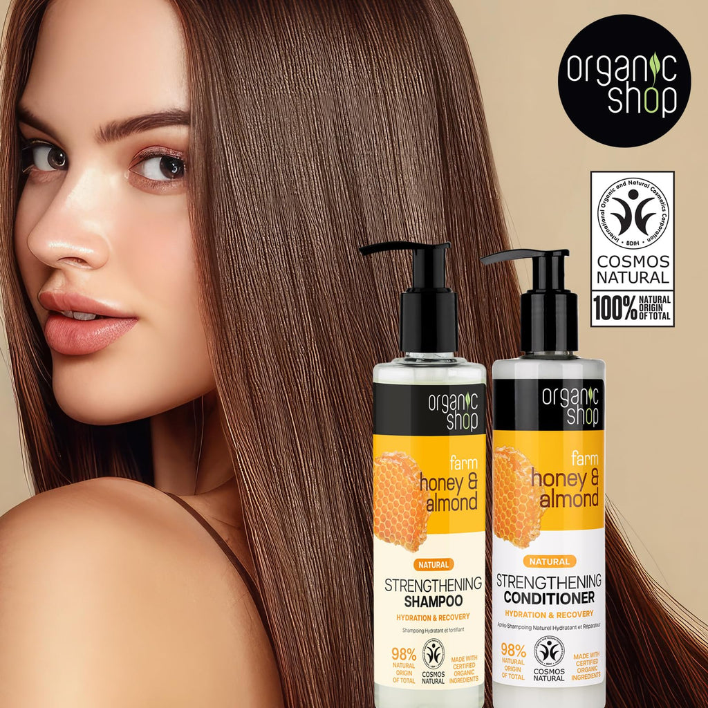 Organic Shop Honey & Almond Hair Strengthening Shampoo & Conditioner – Hydrate, Shine | Pack-2 | 100% Vegan