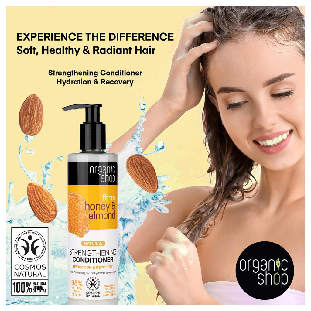 Organic Shop Honey & Almond Hair Strengthening Shampoo & Conditioner – Hydrate, Shine | Pack-2 | 100% Vegan