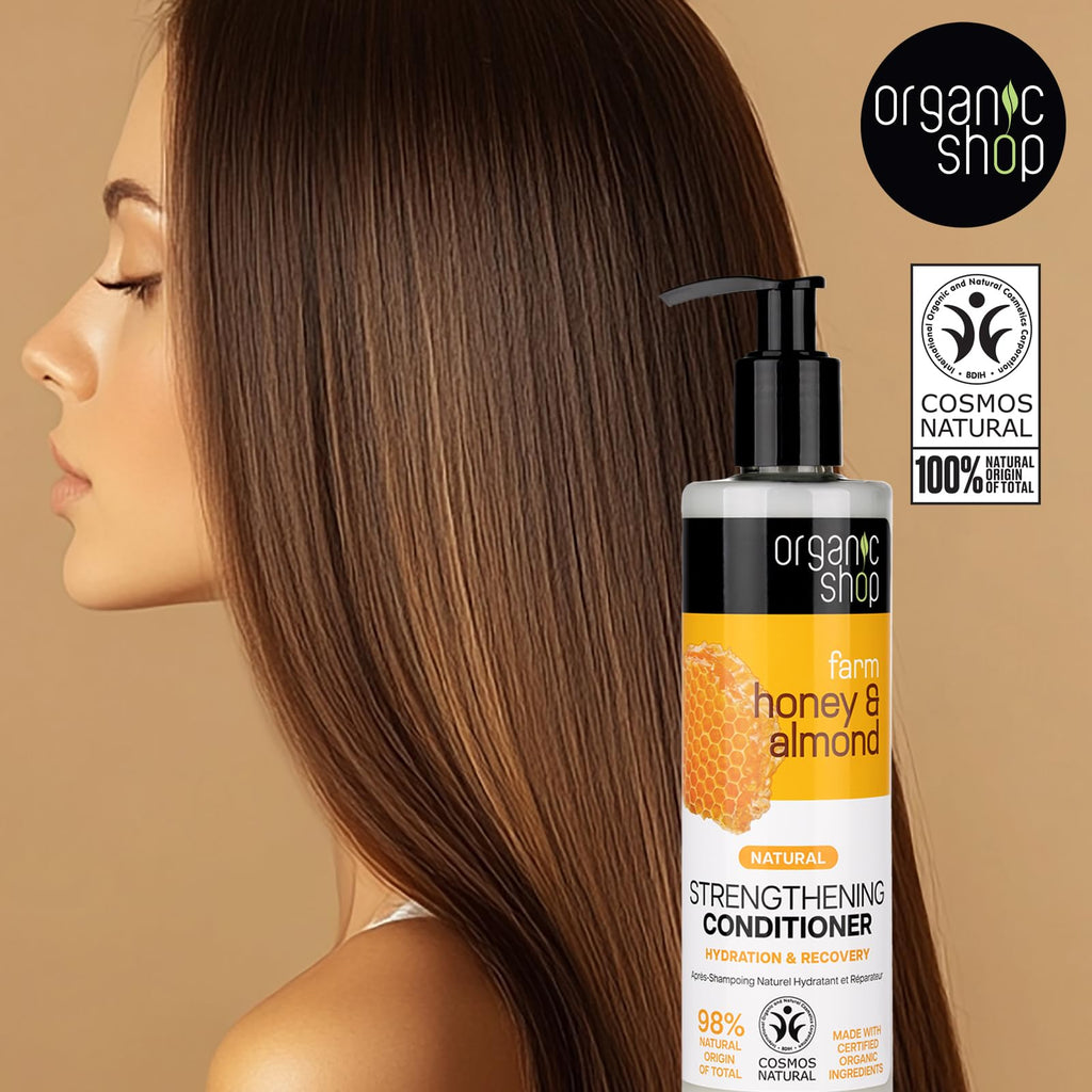 Organic Shop Honey & Almond Hair Strengthening Shampoo & Conditioner – Hydrate, Shine | Pack-2 | 100% Vegan