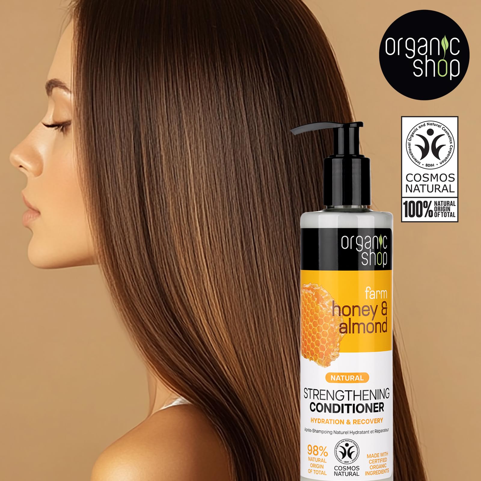 Organic Shop Honey & Almond Hair Strengthening Shampoo & Conditioner – Hydrate, Shine | Pack-2 | 100% Vegan