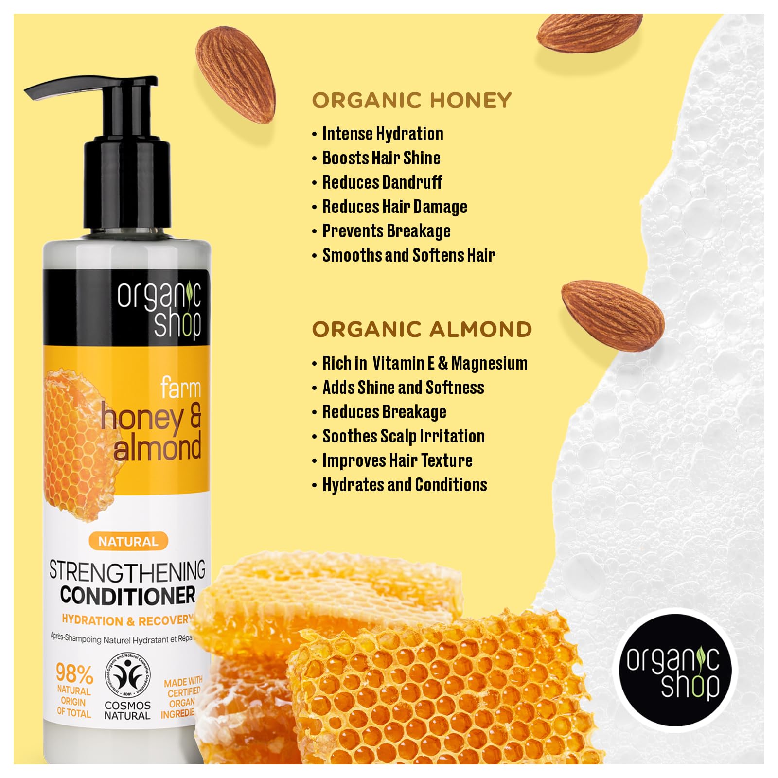 Organic Shop Honey & Almond Hair Strengthening Shampoo & Conditioner – Hydrate, Shine | Pack-2 | 100% Vegan