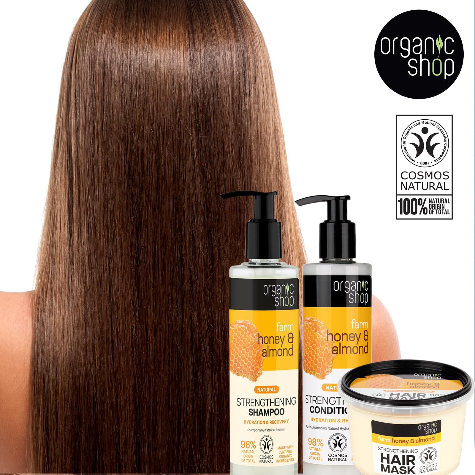Organic Shop Honey & Almond Hair Strengthening Shampoo & Conditioner – Hydrate, Shine | Pack-2 | 100% Vegan
