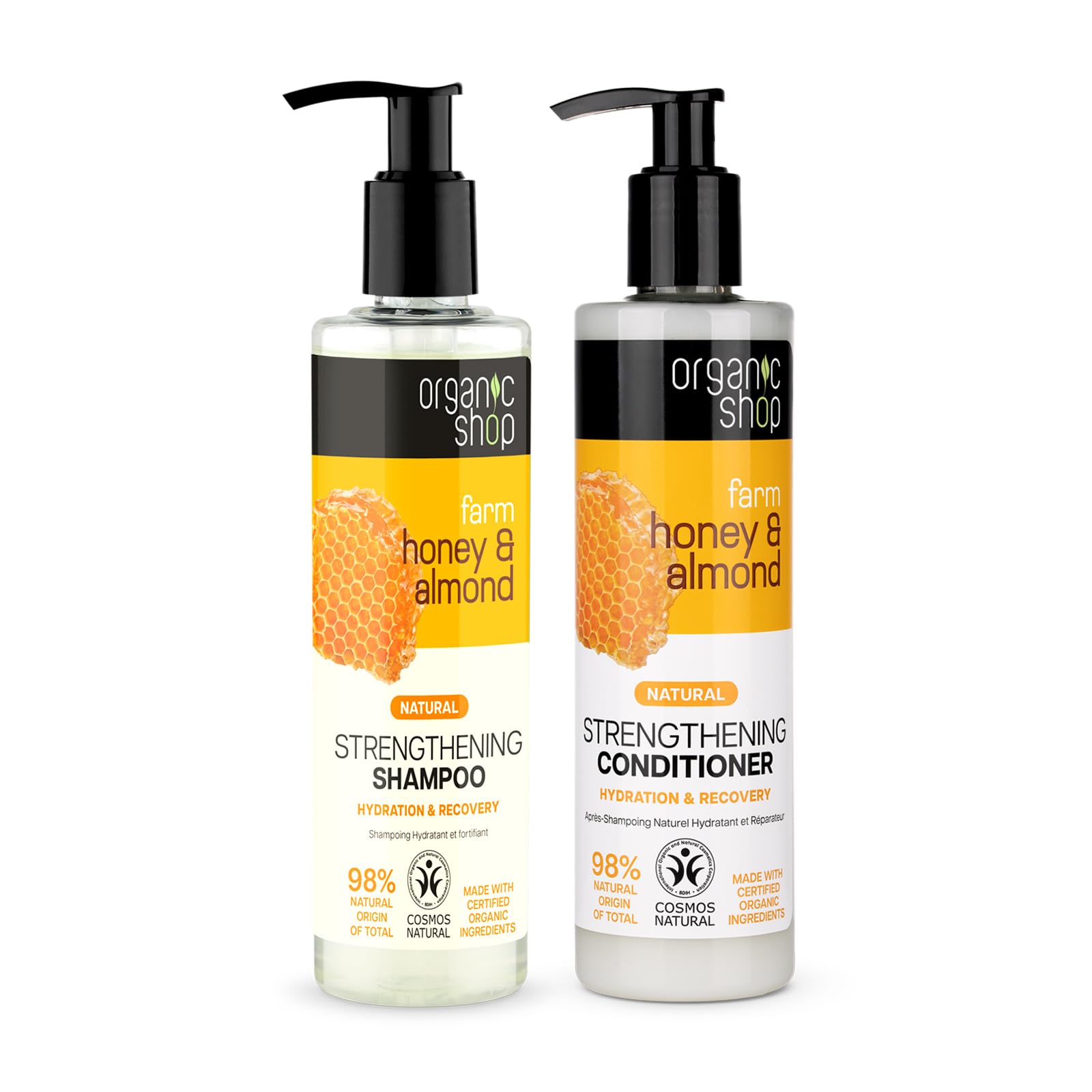 Organic Shop Honey & Almond Hair Strengthening Shampoo & Conditioner – Hydrate, Shine | Pack-2 | 100% Vegan