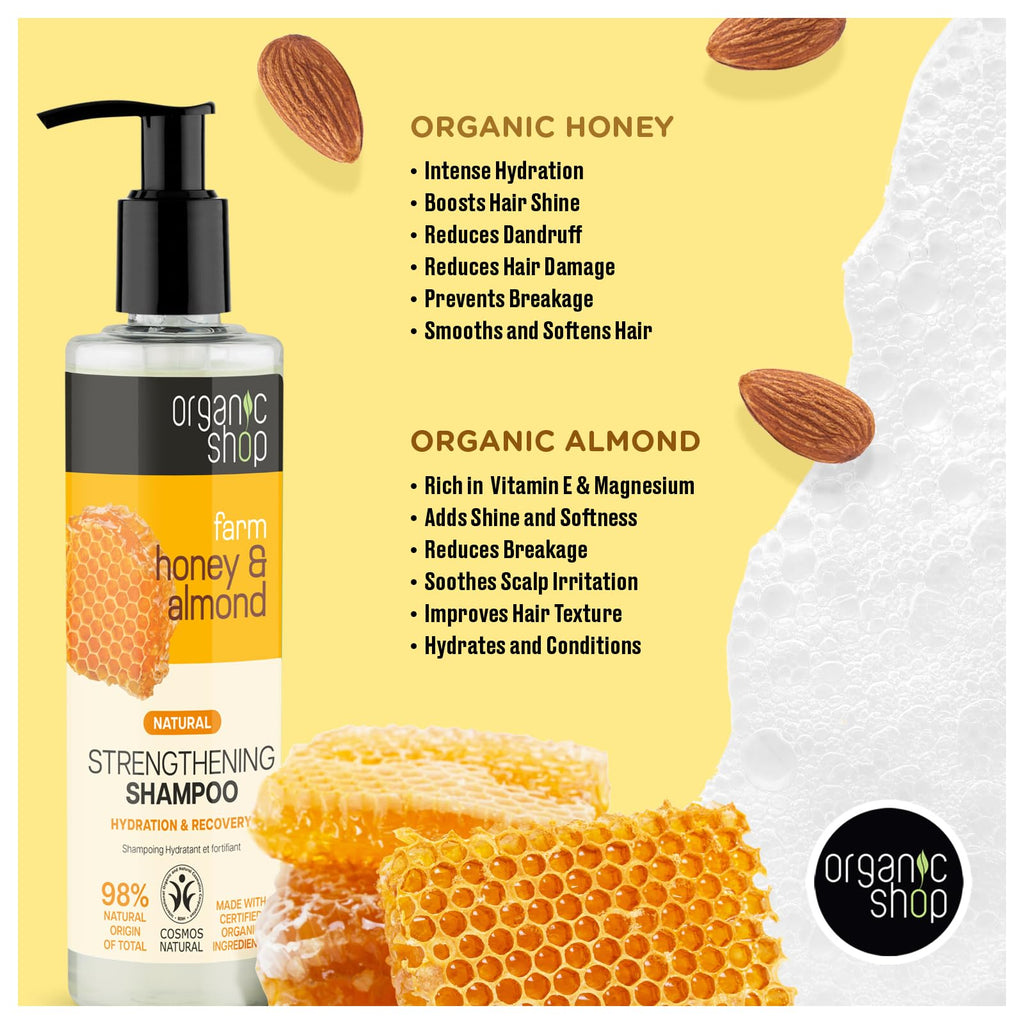 Organic Shop Honey & Almond Hair Strengthening Shampoo & Conditioner – Hydrate, Shine | Pack-2 | 100% Vegan