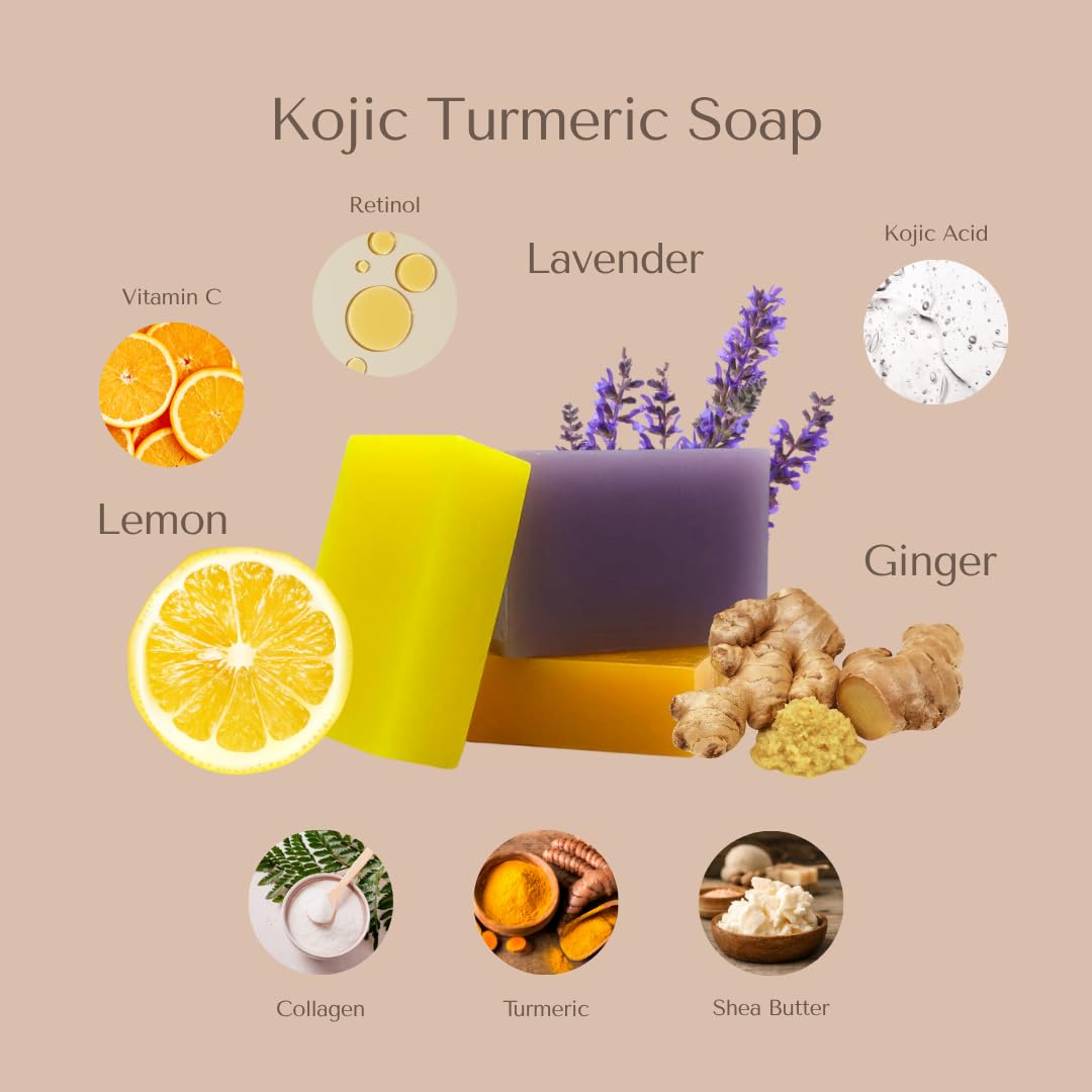 Organic To Green Kojic Turmeric Soap for Dark Spots – 3 Pack (Lemon, Fresh Ginger, Lavender) with Hyaluronic Acid & Retinol