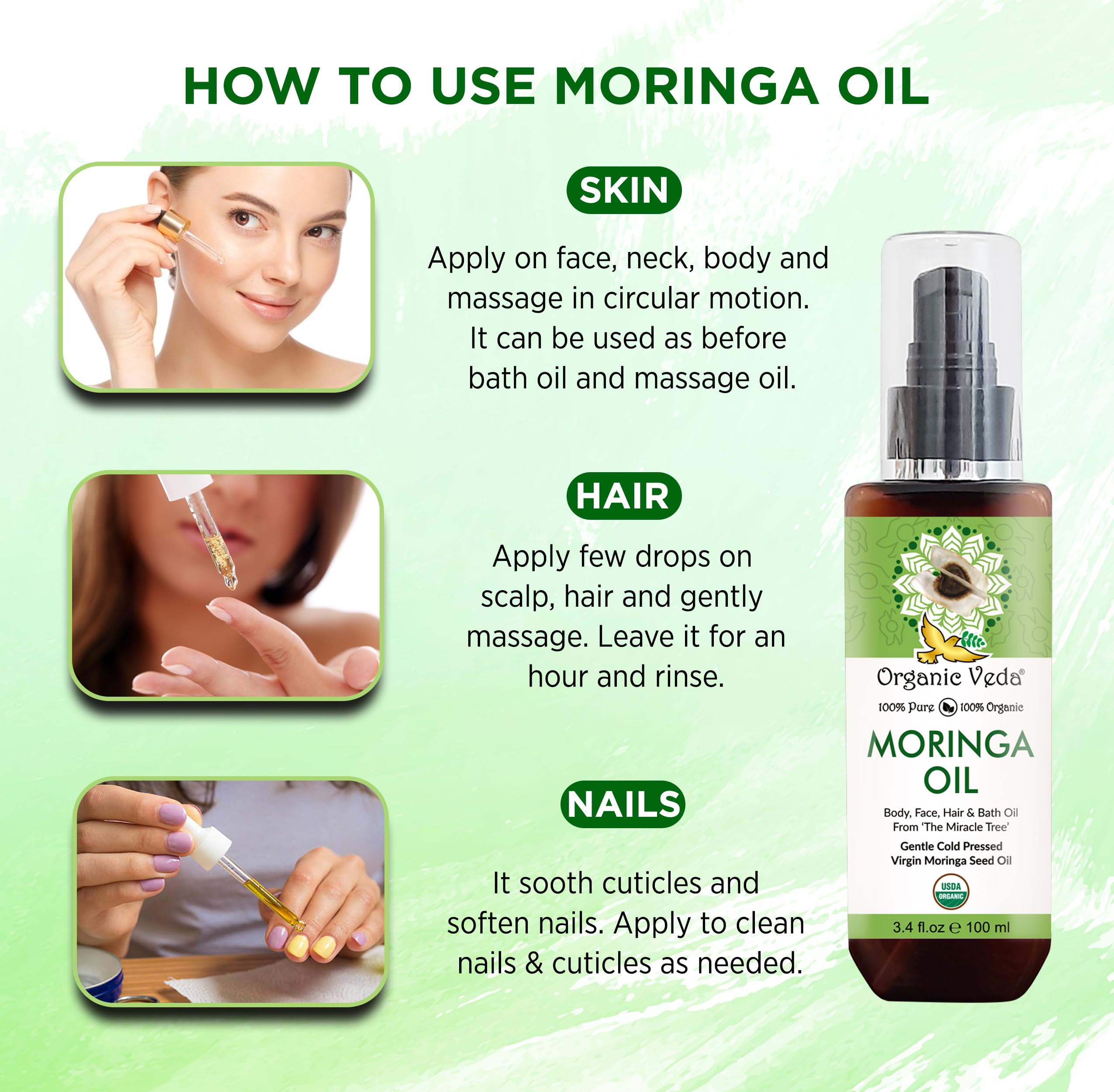 Organic Veda Moringa Oil Virgin 100% Pure & USDA Organic - Multi-Purpose Oil for Face, Hair, Skin