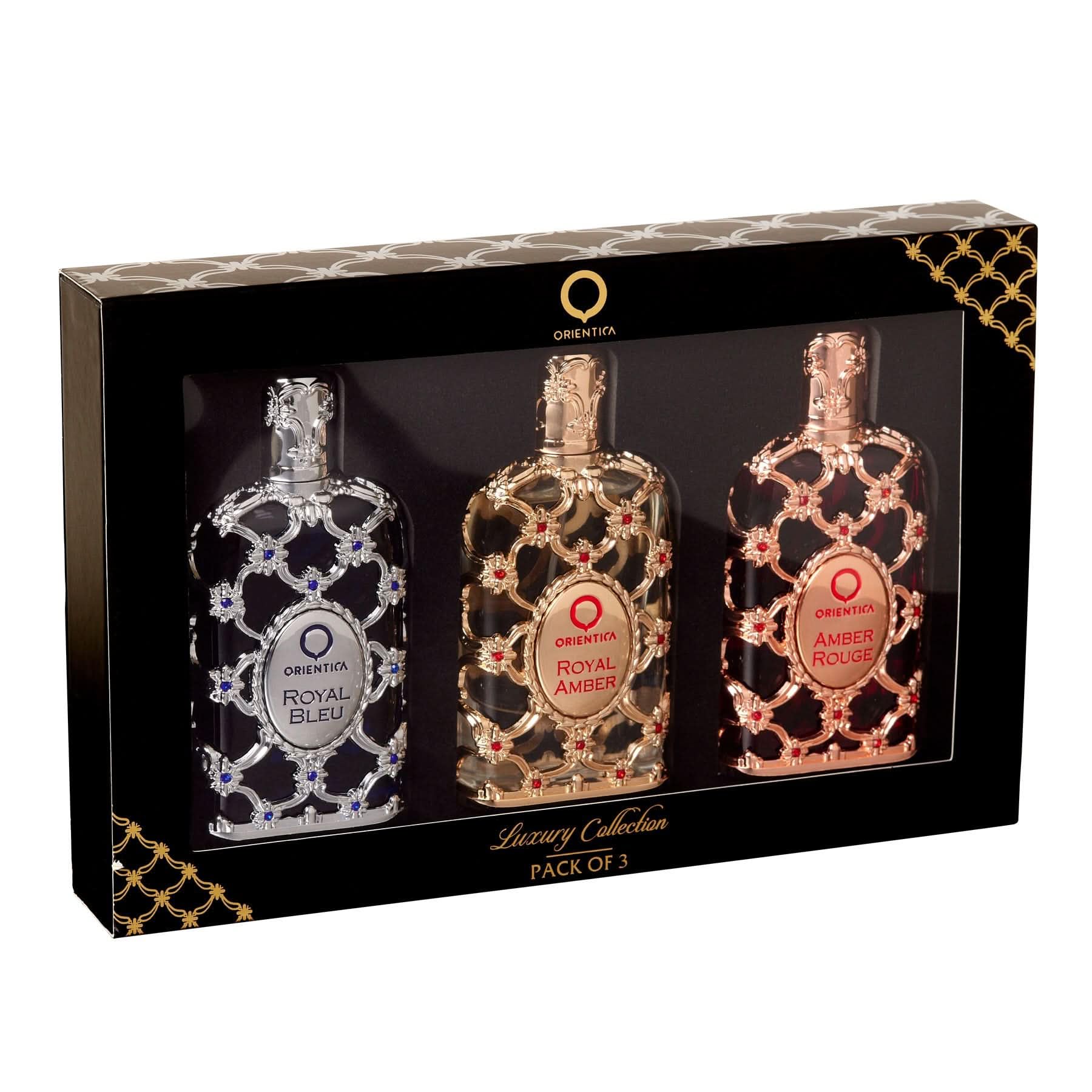 Orientica Luxury Collection 3-Pc Valentine Gifts – Amber Rouge, Royal Amber & Royal Bleu EDPs (1 oz each)