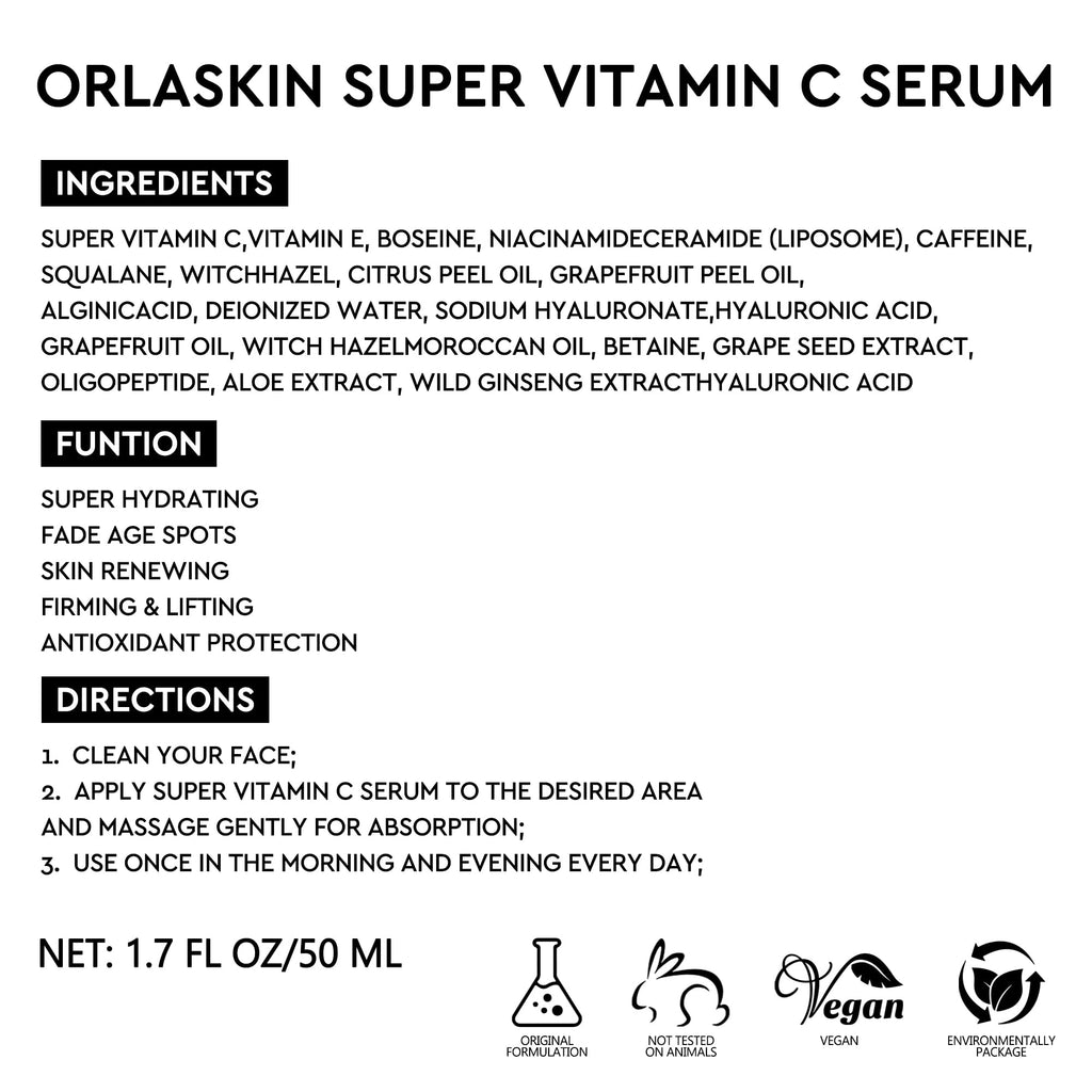ORLASKIN Super Vitamin C Serum for Women Over 70 – Brightening, Hydration & Gentle Anti Aging 1.7 fl oz