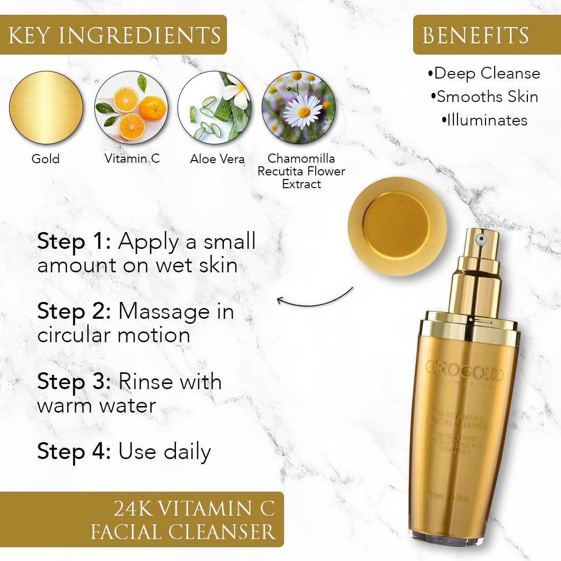 Orogold 24K Vitamin C Facial Cleanser – Gentle Foaming Gel with Gold & Vitamin C | All Skin Types | 2.7 Fl Oz