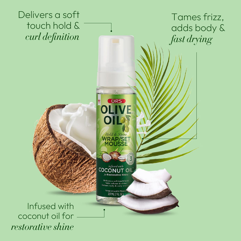 ORS Olive Oil Wrap Set Mousse – Hold & Shine, Coconut Oil, 2x7 oz