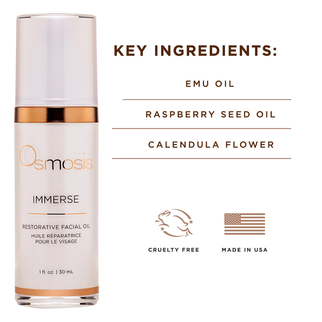 OSMOSIS IMMERSE Restorative Facial Oil with Emu & Raspberry Seed Oil, Calendula — 1 fl oz