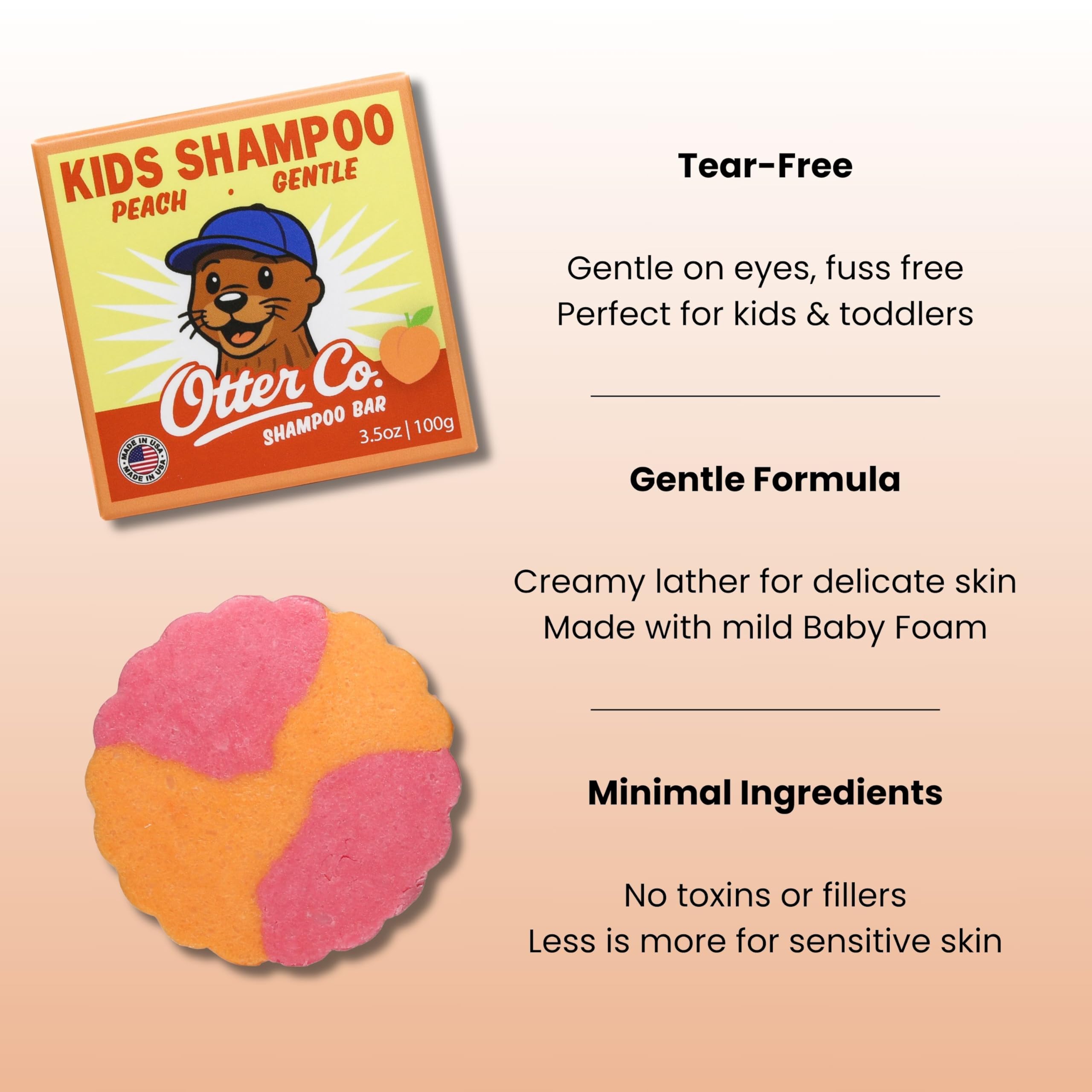 Otter co. Kids Gentle Peach Shampoo Bar – Tear-Free Organic Toddler Shampoo