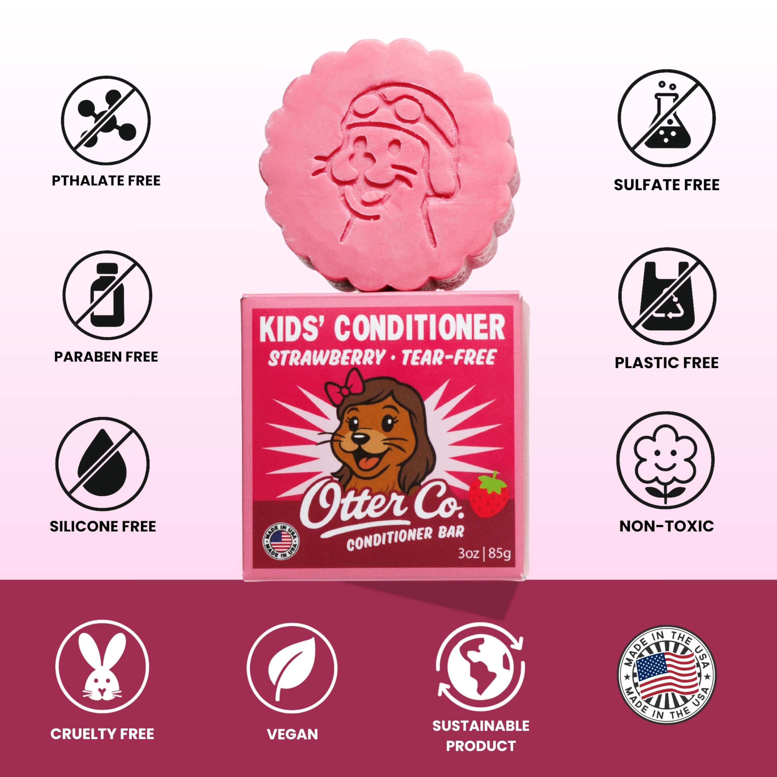 Otter Co Kids Strawberry Conditioner Bar – Tear-Free, Organic, Sulfate-Free for Sensitive Hair | USA Made
