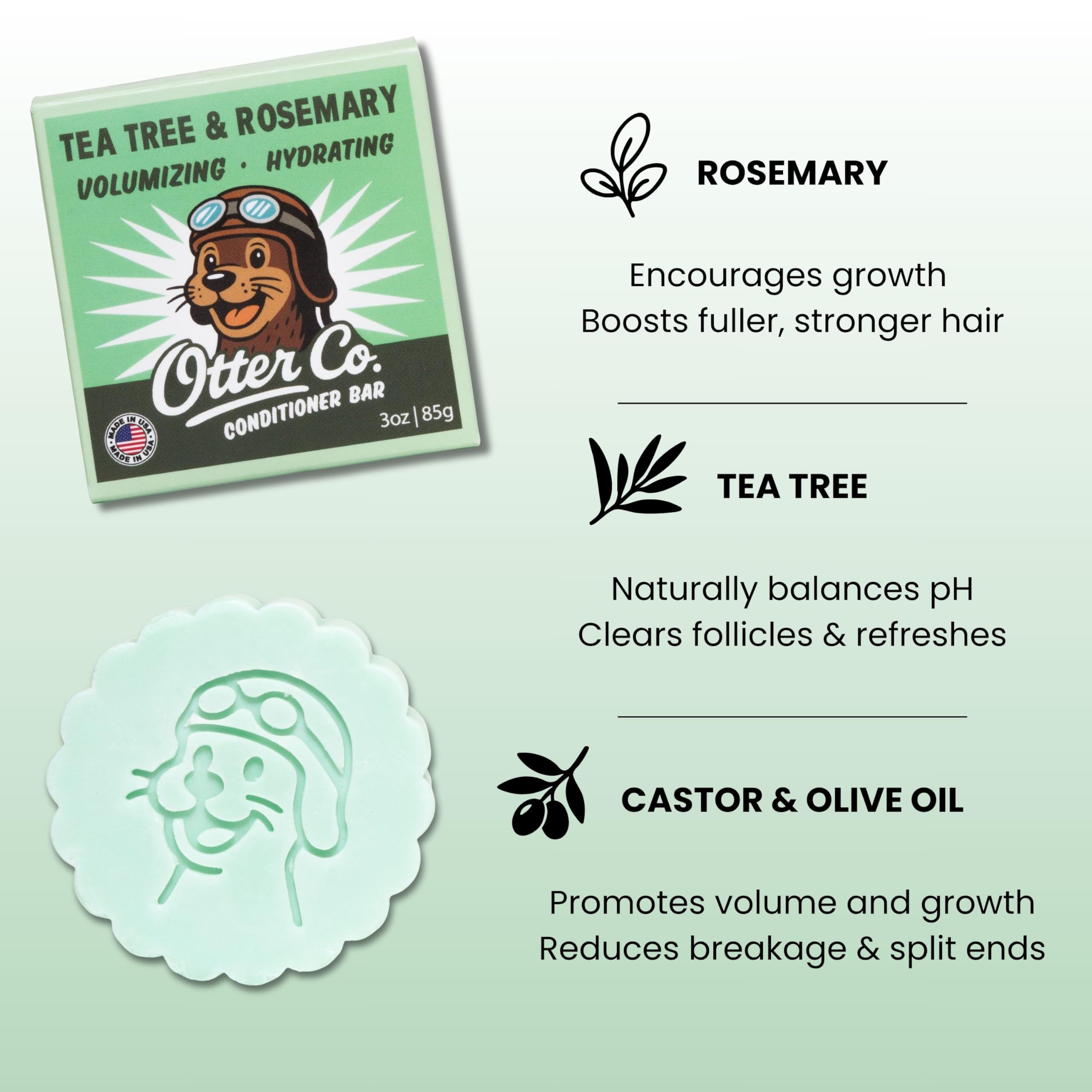 Otter Co Tea Tree & Rosemary Volumizing Conditioner Bar - Vegan, Sulfate Free, Non-Toxic, Made in USA