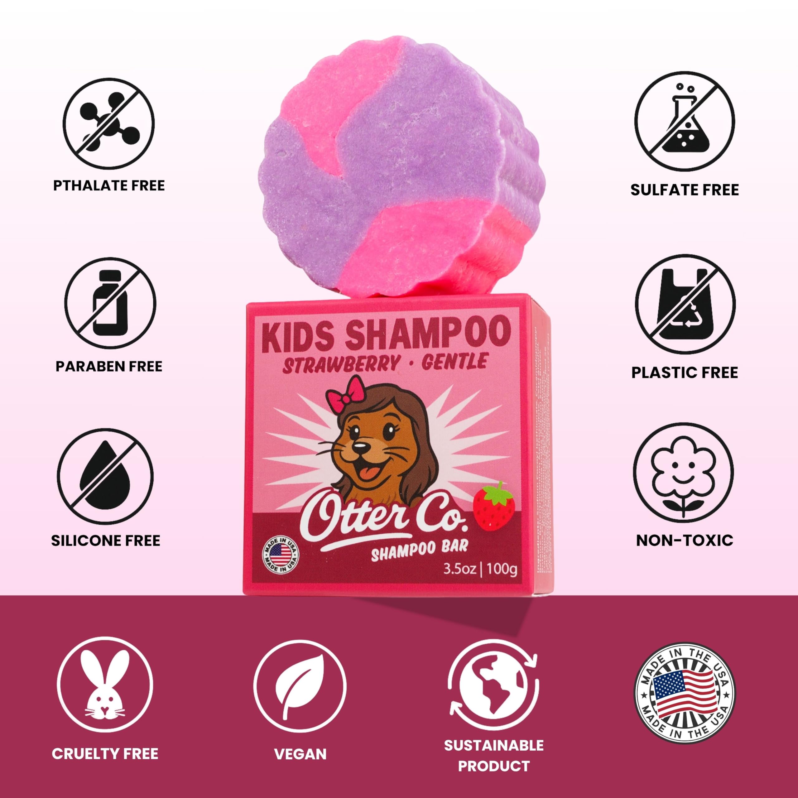 Otter Co. Kids Gentle Strawberry Shampoo Bar — Tear-Free, Sulfate-Free, Organic & USA Made