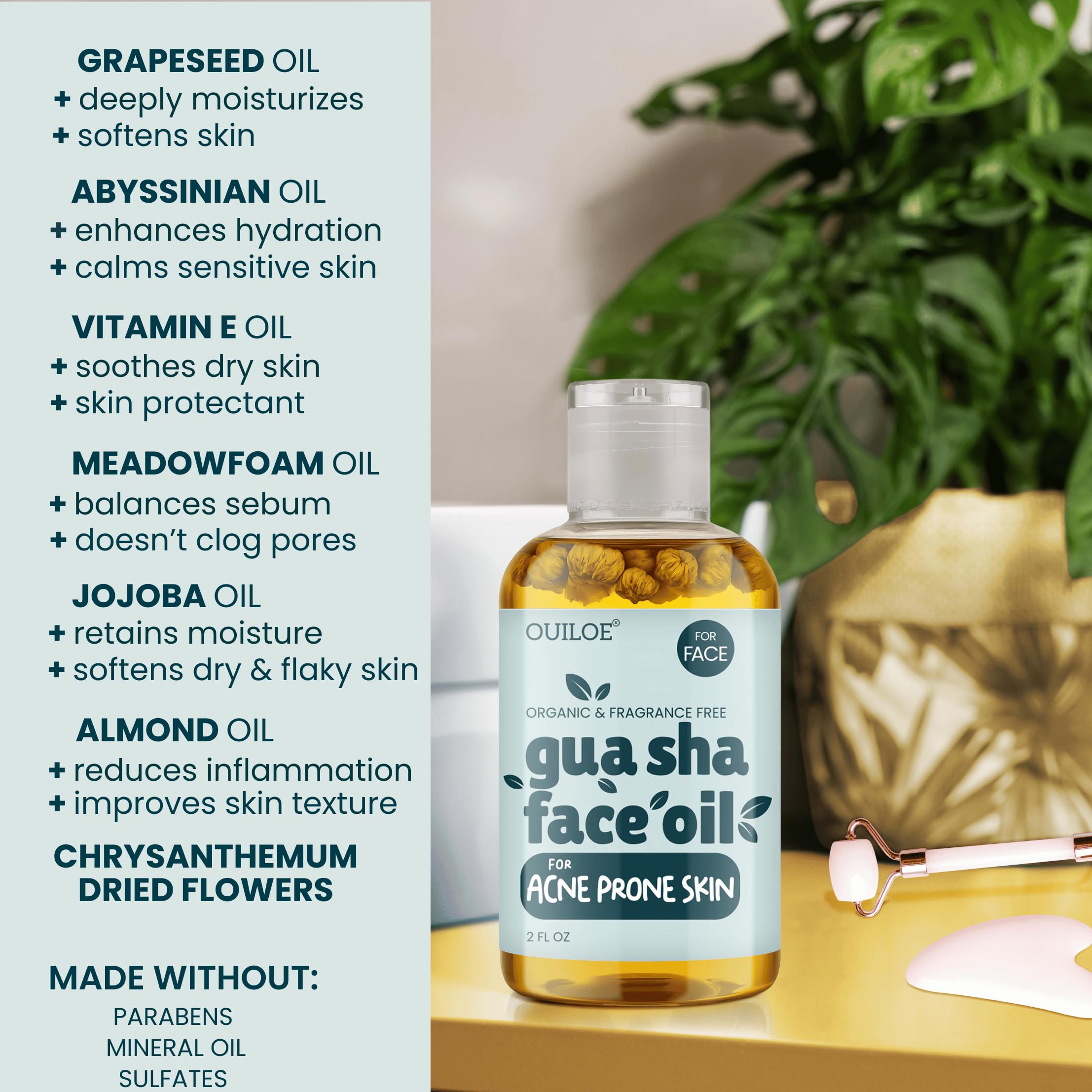 Ouiloe Gua Sha Oil for Acne Prone Skin - Unscented, Non-Comedogenic (2 oz)