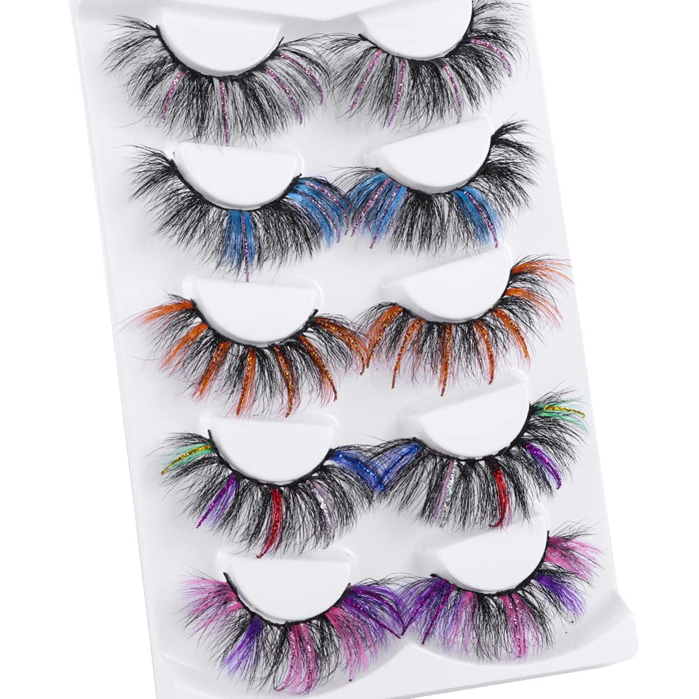 outopen 5 Pairs 20mm Glitter Lashes – Colorful Mink Lashes for Halloween, Cosplay & Party Makeup