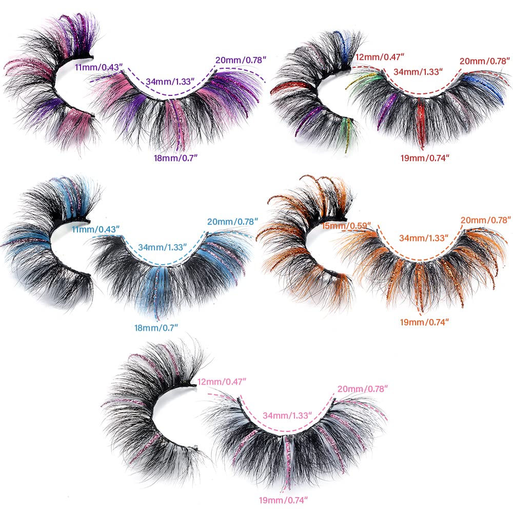 outopen 5 Pairs 20mm Glitter Lashes – Colorful Mink Lashes for Halloween, Cosplay & Party Makeup