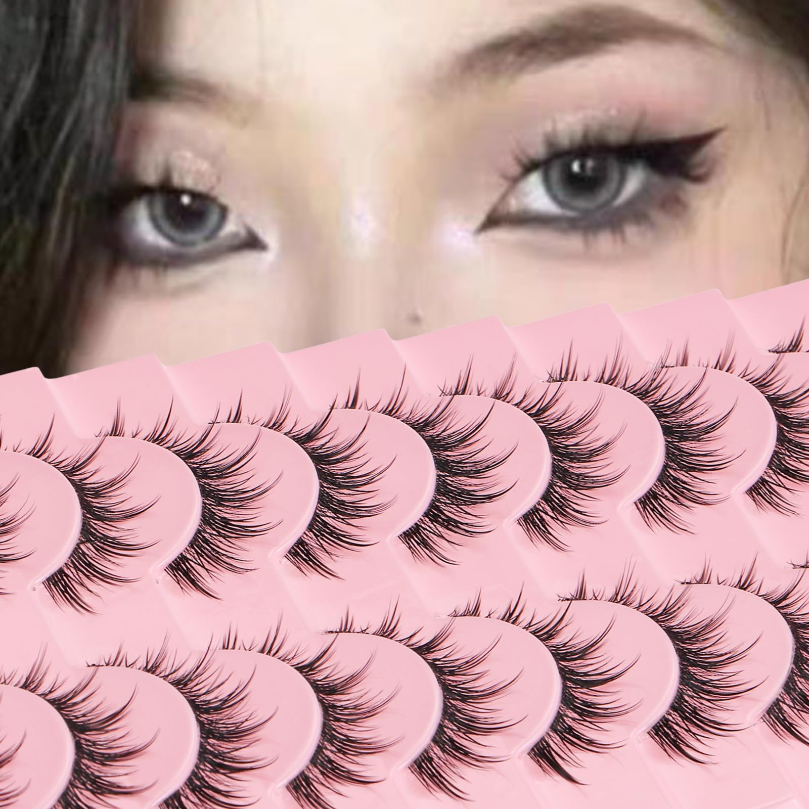 outopen Manga Lashes 10 Pairs – Natural Look, Clear Band, Anime Style Cosplay Lashes