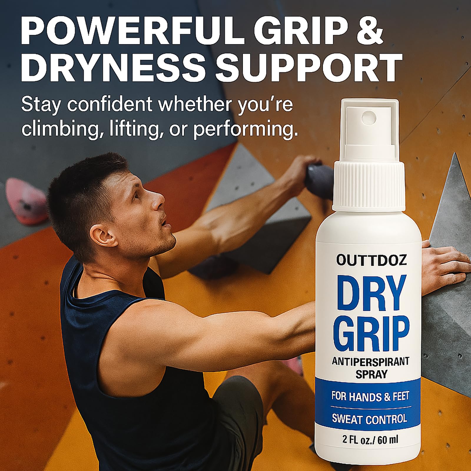OUTTDOZ DryGrip Antiperspirant Spray for Hands & Feet – Extra Strength Sweat Control (15% Aluminum Chloride) for Climbing, Gymnastics, Weightlifting, Dance & Sports