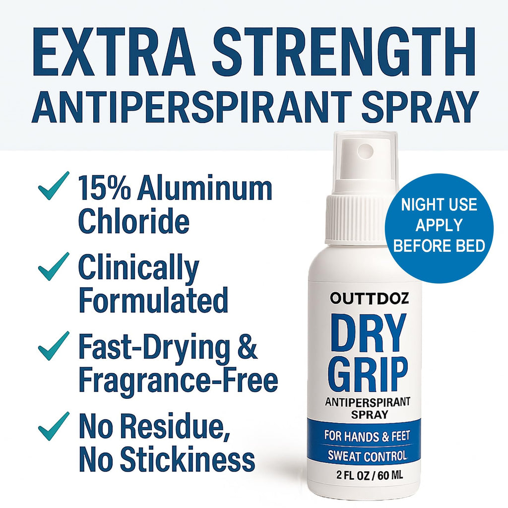 OUTTDOZ DryGrip Antiperspirant Spray for Hands & Feet – Extra Strength Sweat Control (15% Aluminum Chloride) for Climbing, Gymnastics, Weightlifting, Dance & Sports