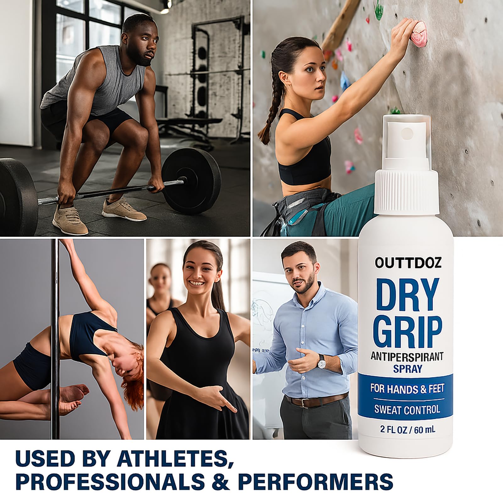 OUTTDOZ DryGrip Antiperspirant Spray for Hands & Feet – Extra Strength Sweat Control (15% Aluminum Chloride) for Climbing, Gymnastics, Weightlifting, Dance & Sports