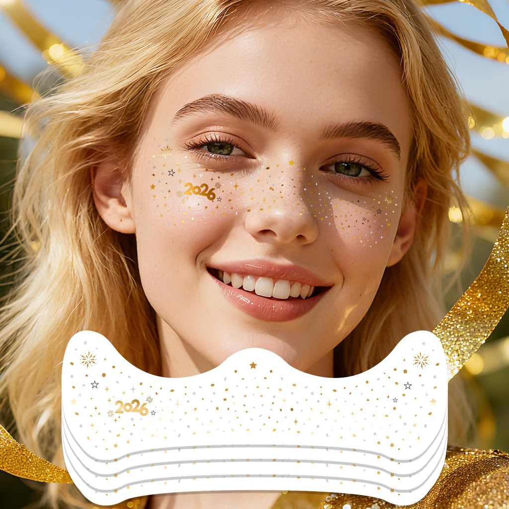 Ovasorve 2026 New Year Freckles Face Tattoo – Gold & Silver Glitter Stars | Waterproof NYE Face Gems