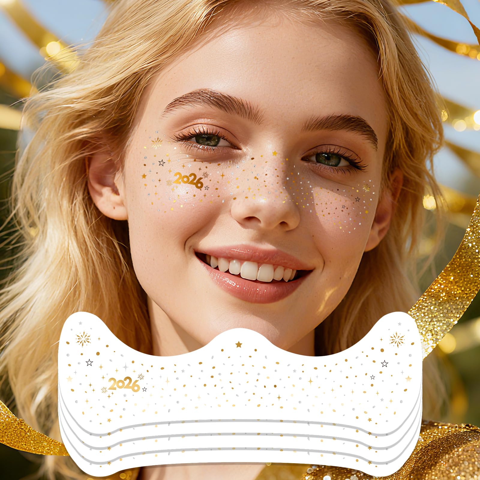 Ovasorve 2026 New Year Freckles Face Tattoo – Gold & Silver Glitter Stars | Waterproof NYE Face Gems
