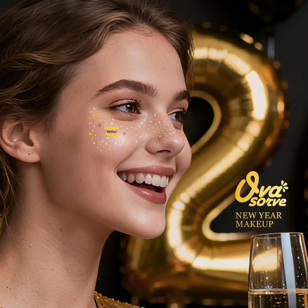 Ovasorve Happy New Year Freckles Face Tattoo – Gold & Silver Stars & Fireworks, Waterproof NYE Gems