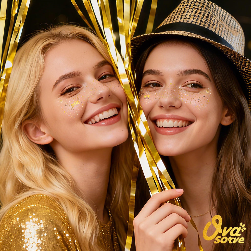 Ovasorve 2026 New Year Freckles Face Tattoo – Gold & Silver Glitter Stars | Waterproof NYE Face Gems
