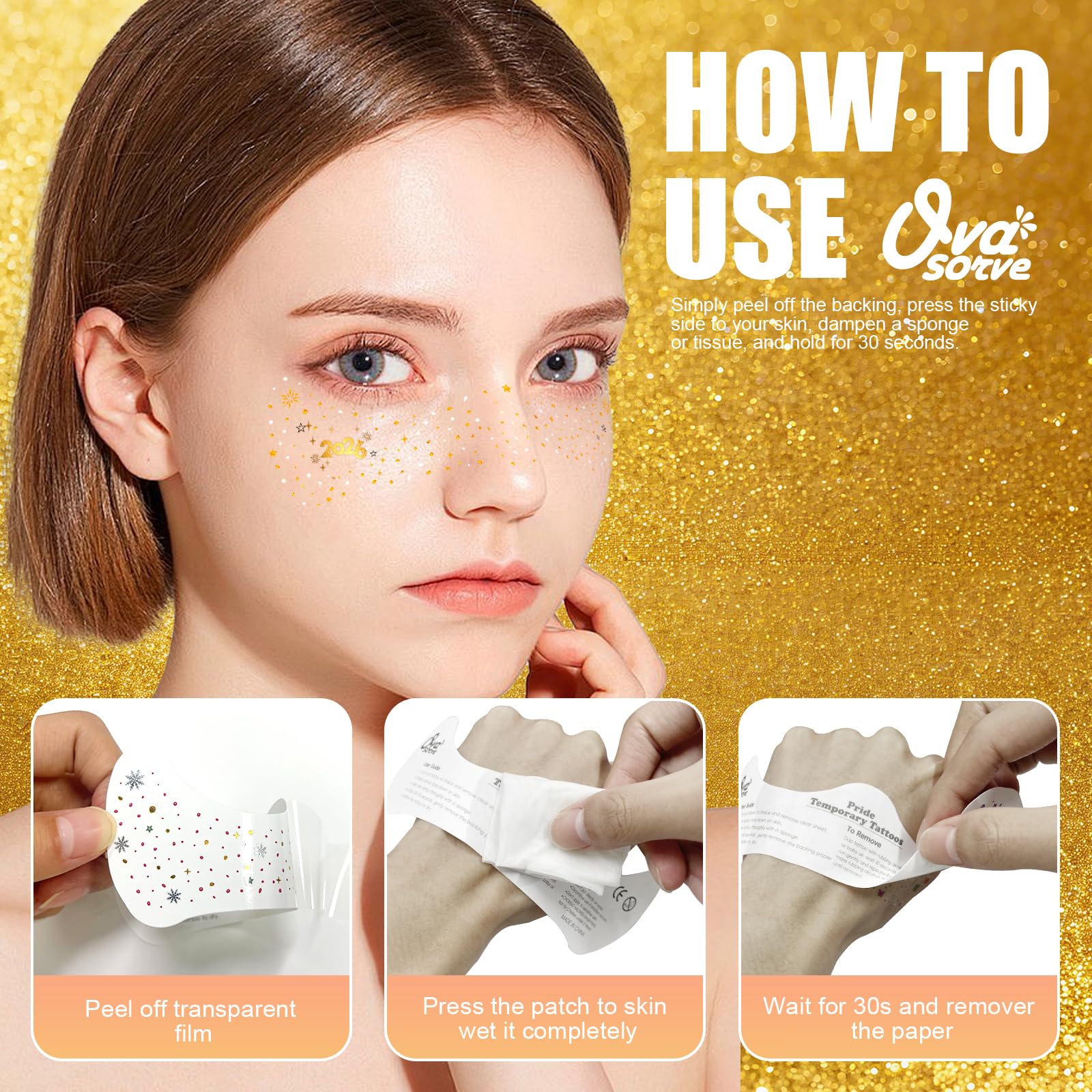 Ovasorve 2026 New Year Freckles Face Tattoo – Gold & Silver Glitter Stars | Waterproof NYE Face Gems