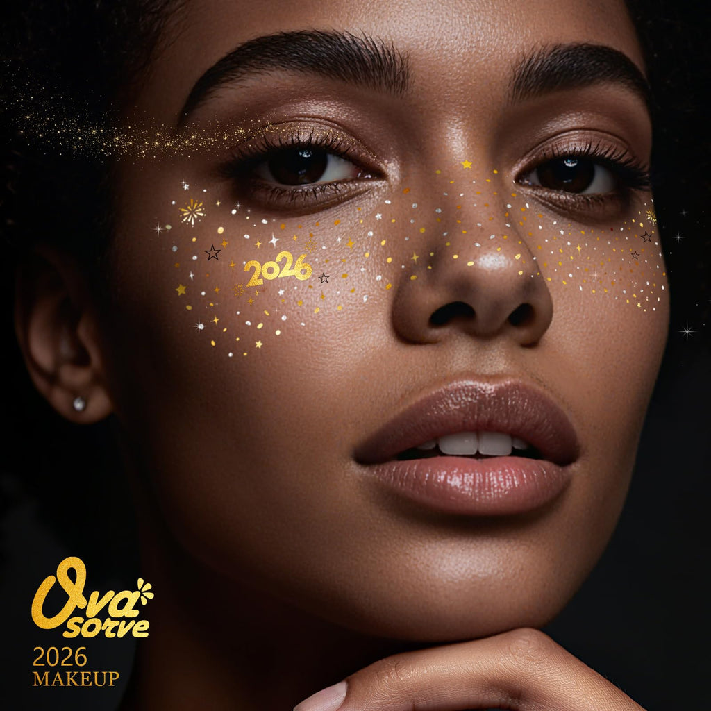 Ovasorve 2026 New Year Freckles Face Tattoo – Gold & Silver Glitter Stars | Waterproof NYE Face Gems