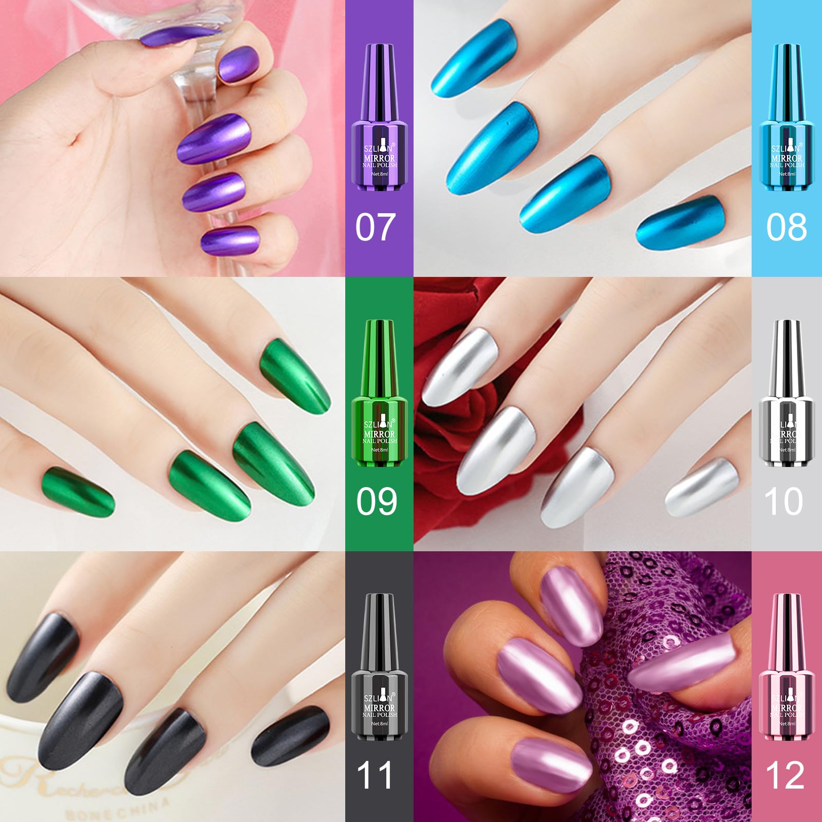 Ownest 12-Color Mirror Nail Polish Set | Long-Lasting Glossy Mirror Finish