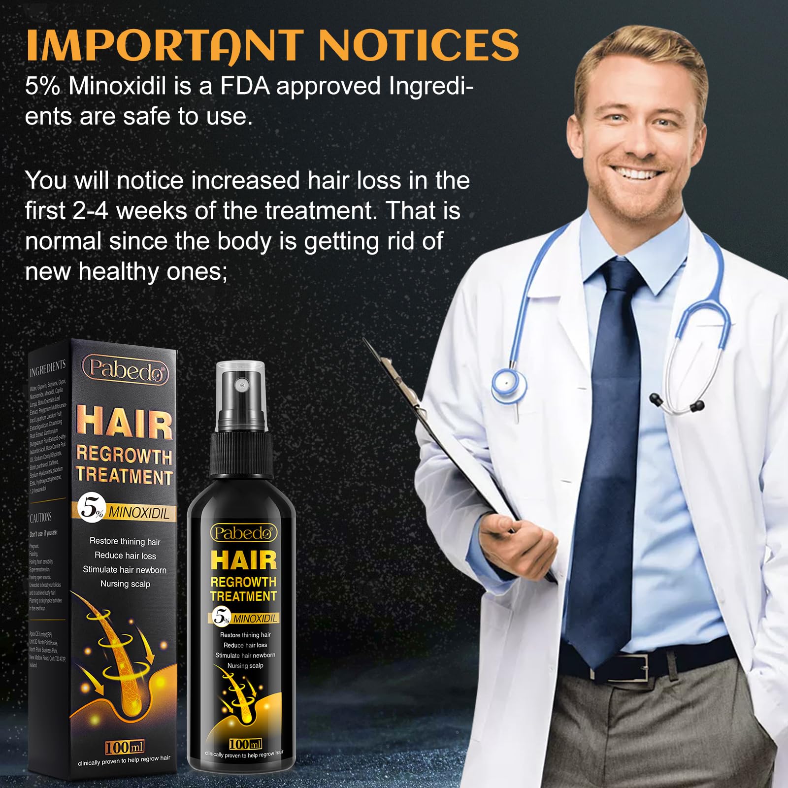 Pabedo 5% Minoxidil Hair Growth Spray for Beard & Hair — 3.38 oz