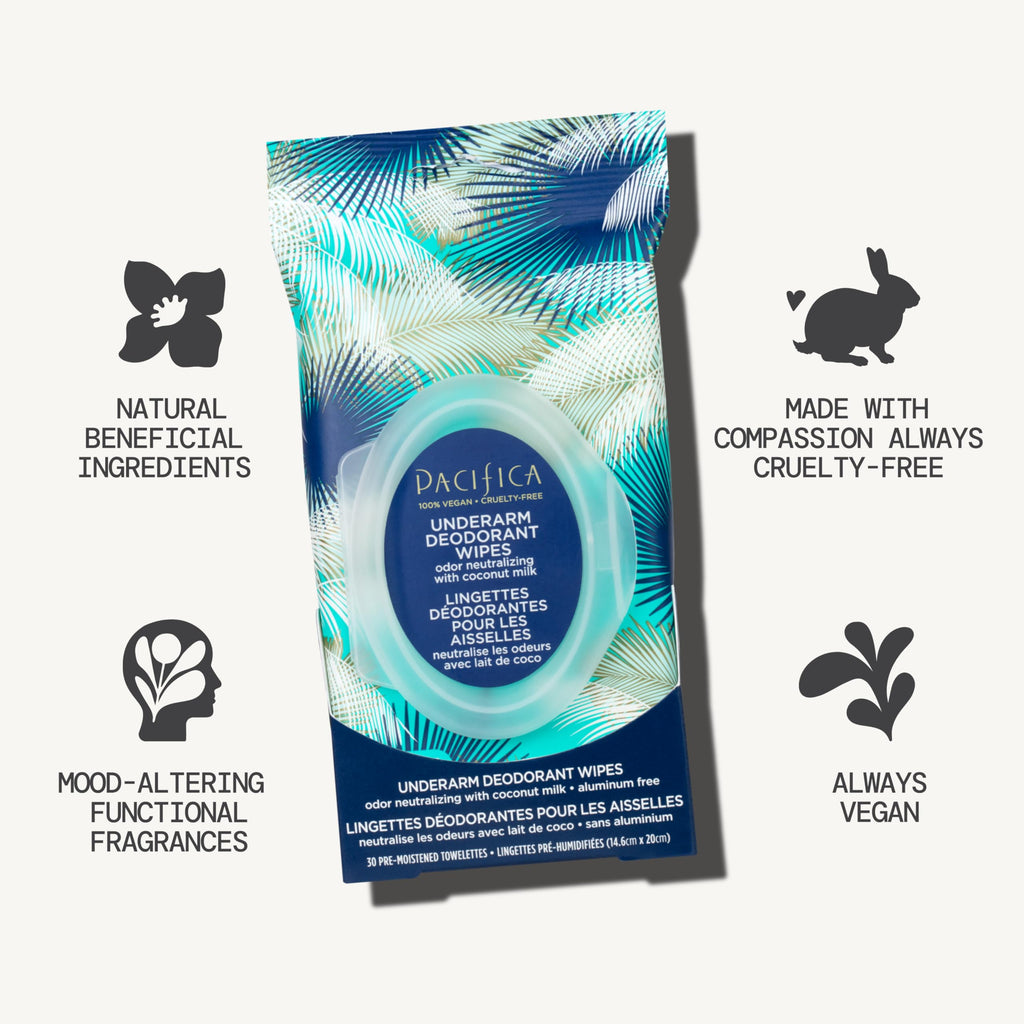 Pacifica Coconut Milk & Essential Oils Underarm Deodorant Wipes – Aluminum-Free, Vegan, 30 Wipes (4-Pack)