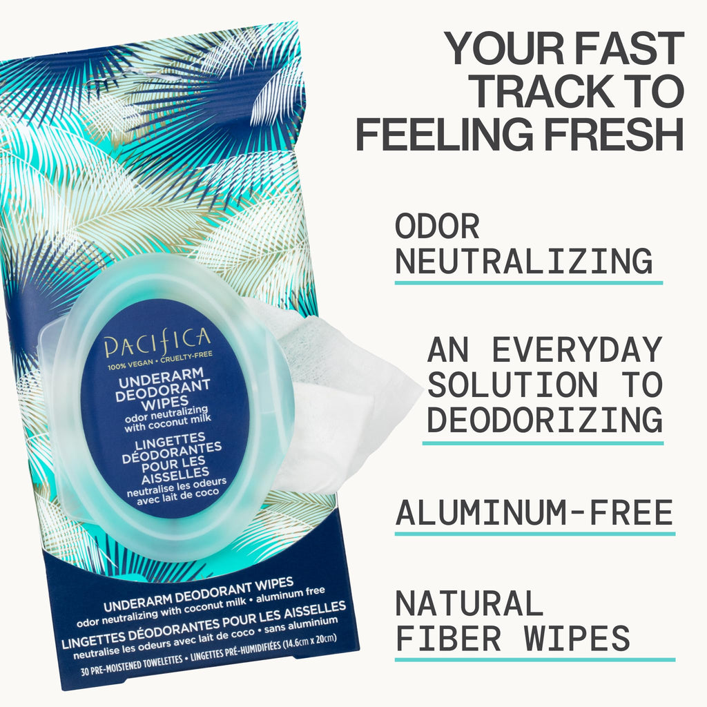 Pacifica Coconut Milk & Essential Oils Underarm Deodorant Wipes – Aluminum-Free, Vegan, 30 Wipes (4-Pack)