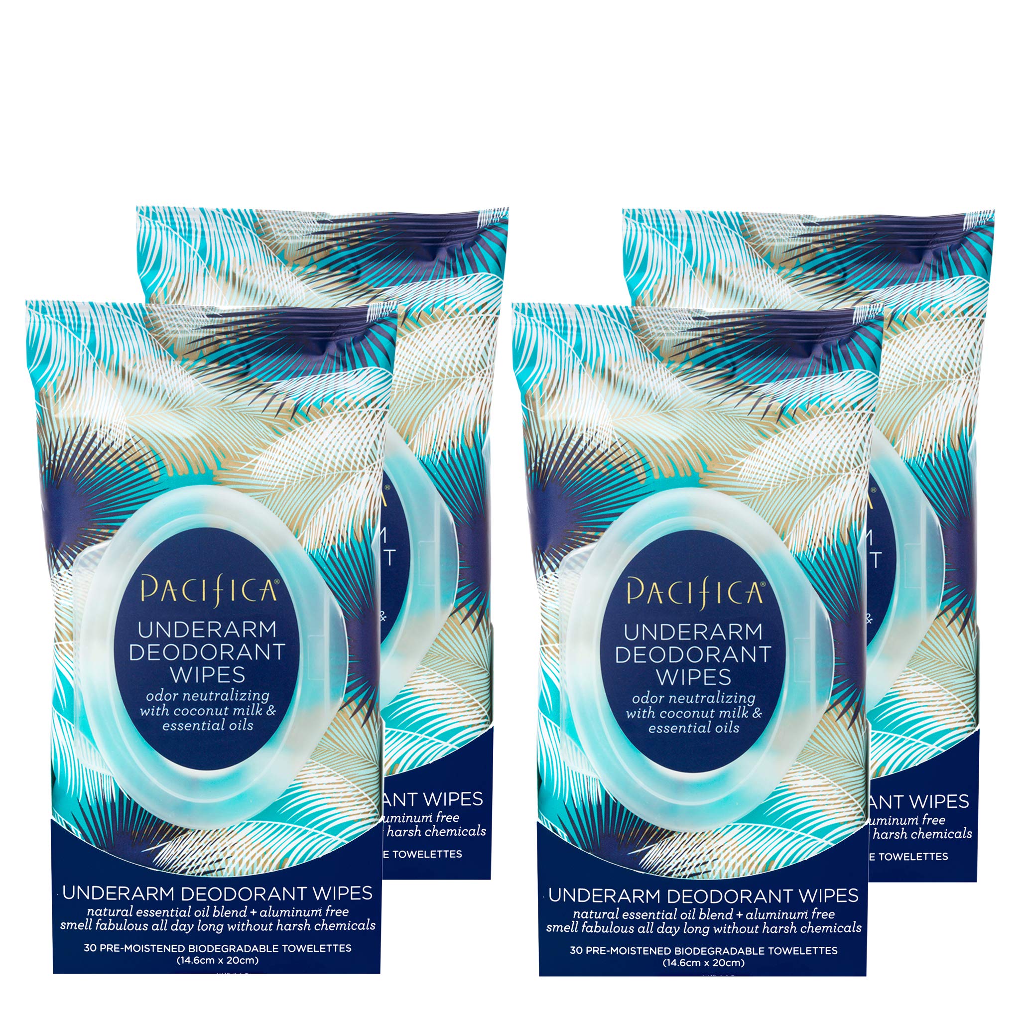 Pacifica Coconut Milk & Essential Oils Underarm Deodorant Wipes – Aluminum-Free, Vegan, 30 Wipes (4-Pack)