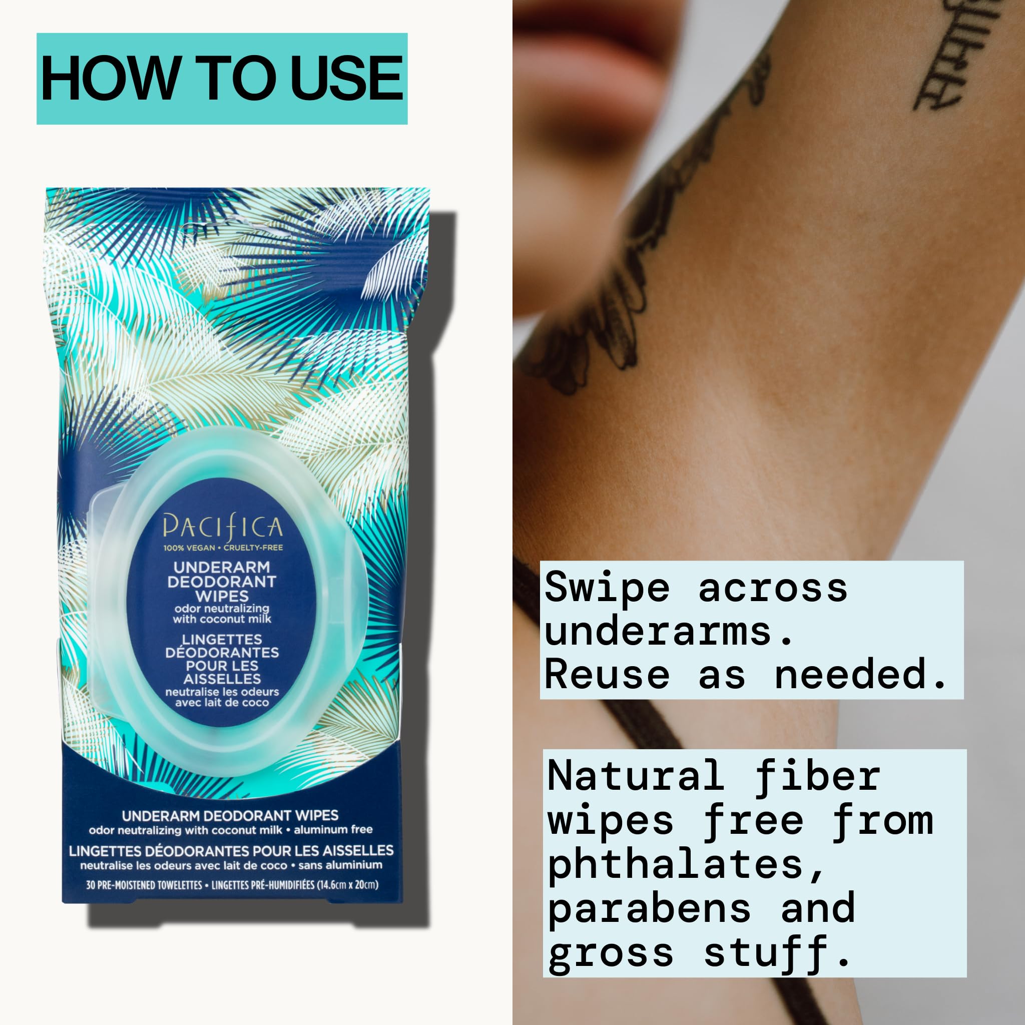 Pacifica Coconut Milk & Essential Oils Underarm Deodorant Wipes – Aluminum-Free, Vegan, 30 Wipes (4-Pack)