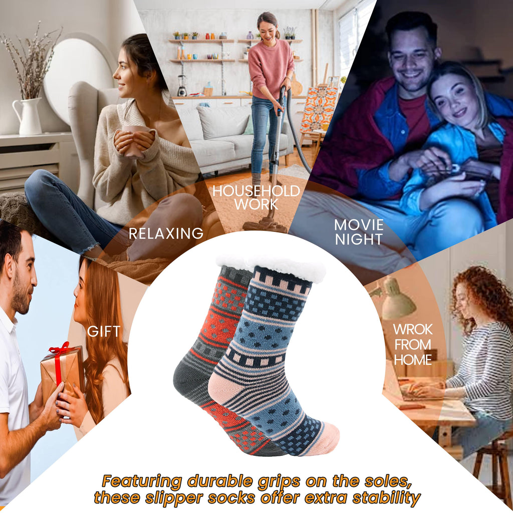 Sock Stack Women's Fur Lined Chunky Slipper Socks Pack Of 2 Non Slip Knitted Lounge Socks