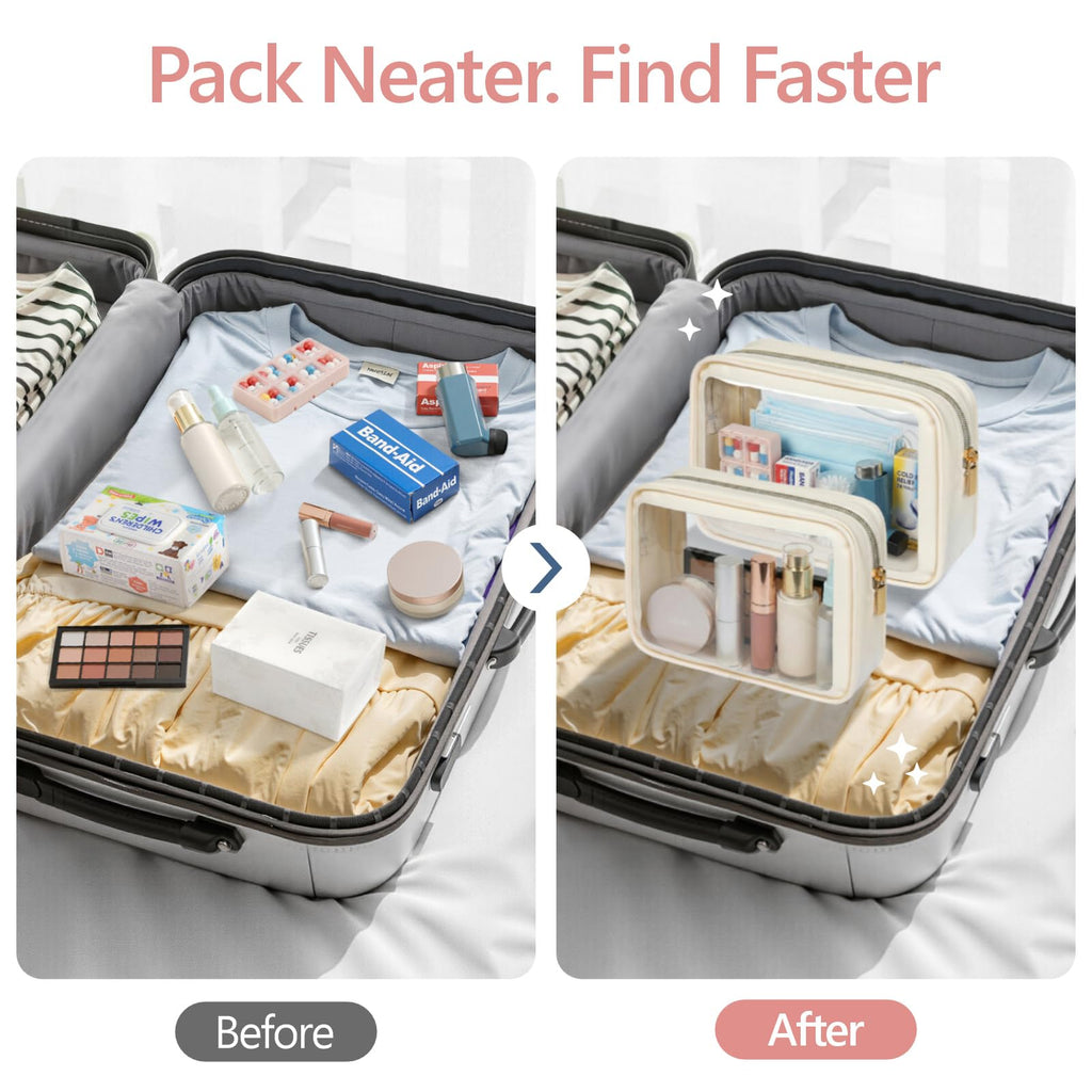 PACKISM 2 Pack Clear Makeup Bag Set (Large + Medium) – TSA-Approved, Water-Resistant, Beige