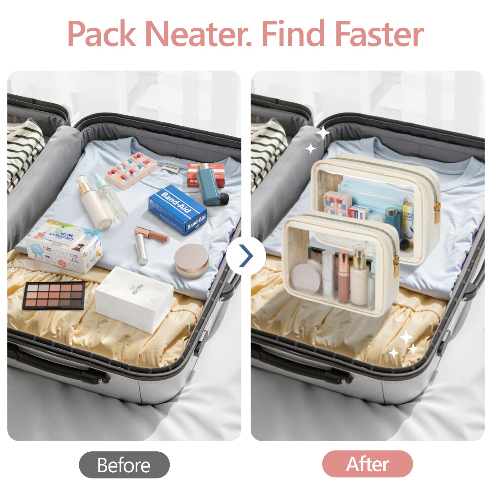 PACKISM 2 Pack Clear Makeup Bag Set (Large + Medium) – TSA-Approved, Water-Resistant, Beige