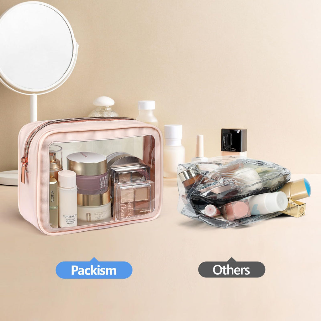 PACKISM Clear Makeup Bag 3 Pack Medium – TSA-Approved Foldable Toiletry Bags, Pink